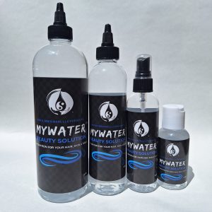A photo of a 2 fl. oz, 4 fl. oz, 8 fl. oz, and 16 fl. oz, bottles of MyWaterSolution for softer, fuller, growing, and more manageable hair, skin, and nails